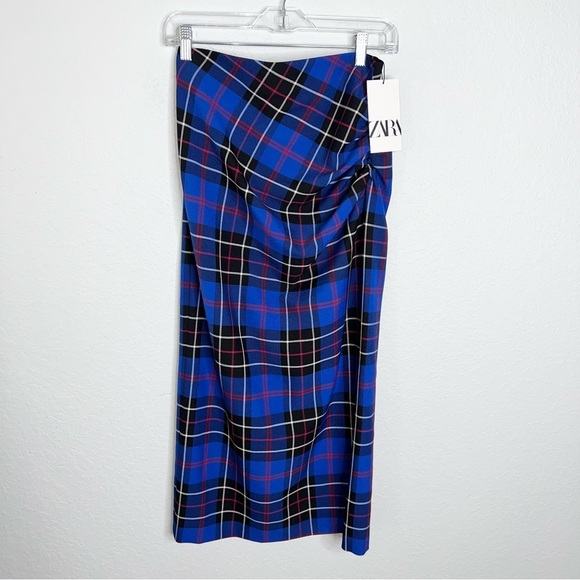 Zara Skirt Midi Women Medium Tartan Plaid Check Side Slit Ruched Blue Pencil Q - Picture 2 of 11